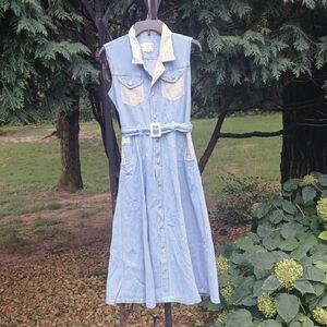 LAN-YAN Denim Sleeveless Belted Dress sz S. EUC. COTTAGECORE